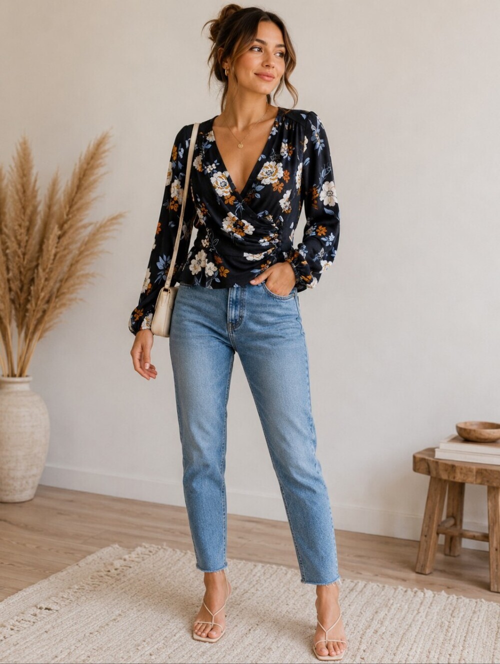 Free People Black Floral Wrap Top with Cream and Light Blue Accents